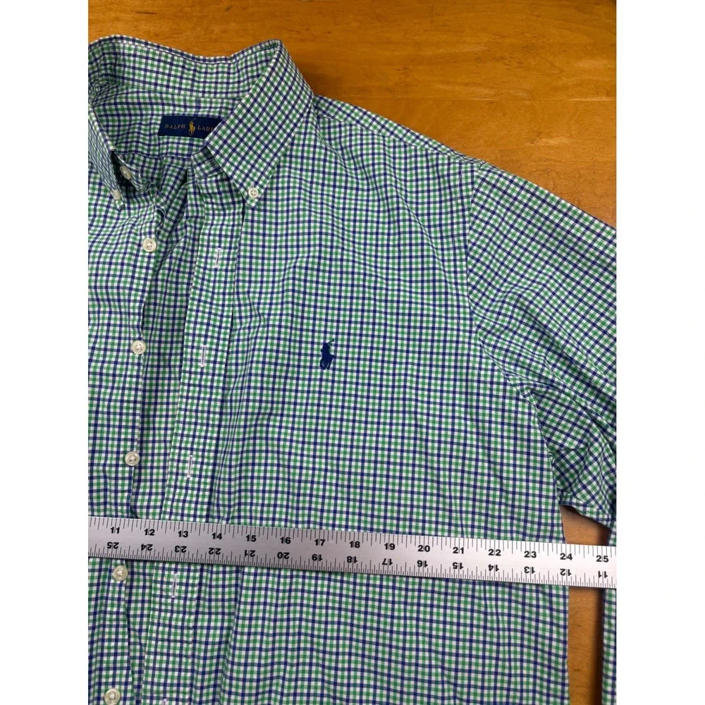 Polo Ralph Lauren Mens XL Gingham Button Down Shirt Green Blue Check Cotton Long